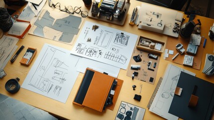 A top-down view of a startup innovation hub featuring prototype sketches, creative design plans, and a premium leather notebook.