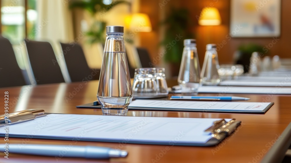 Poster a well-lit conference table prepared for a product launch presentation with marketing strategy notes