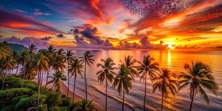 Aerial View of Tropical Sunset: Paradise Found, Unforgettable Golden Hour