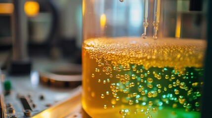 A closeup of a bubbling mixture inside a bioreactor highlighting biocatalysts at work as vibrant green and brown hues visually represent active microbial cultures converting raw materials