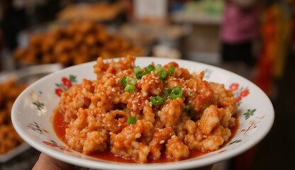 Korean street food, crispy tteokbokki rice cakes in a rich red gochujang sauce, served on a white plate with sesame seeds and green onions, street market stall setting, lively and vibrant