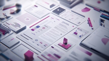 Fototapeta premium A well-organized executive presentation desk featuring annual report slides, printed infographics, and high-quality business stationery.