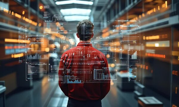 A person in a warehouse, analyzing digital data displayed in front of them. - Powered by Adobe