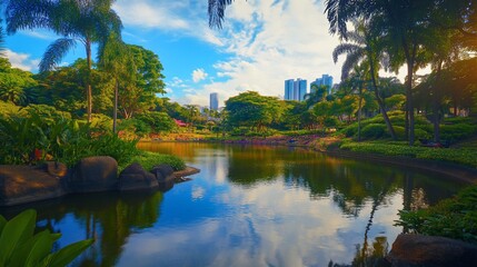 Obraz premium Peaceful City Park Oasis with Reflective Pond and Lush Greenery under blue sky