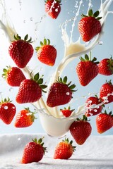 A mesmerizing and dreamlike scene featuring dozens of ripe, vibrant strawberries suspended in mid-air.