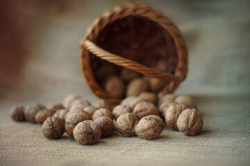 nuts scattered on the table, close-up, copy space, background, basket

