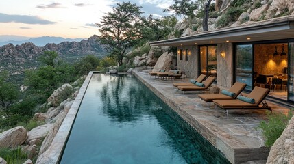 Obraz premium Mountaintop infinity pool, sunset view, luxury villa, relaxation