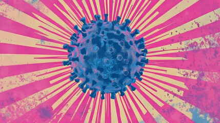 Obraz premium Corona virus cell illustrated in cyan and magenta, surrounded by radiating halftone patterns, clean pop art design