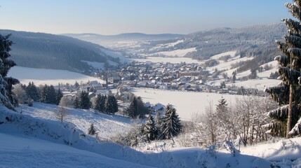 Distant view of a small town nestled in a valley, partially buried by snow from a recent avalanche, under a pale blue sky