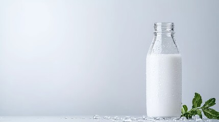 Refreshing milk bottle on grey background