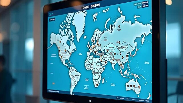World map displayed on a computer screen in an office setting