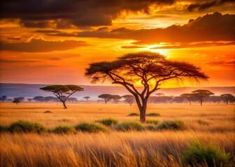 Fototapeta premium African Savanna Sunset Landscape: Golden Grasslands & Distant Acacia Trees