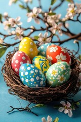 Fototapeta premium A collection of colorfully decorated Easter eggs in a woven basket, symbolizing the joy and tradition of this spring holiday.