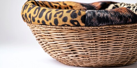 Obraz premium A woven basket with a leopard print cover. The basket is empty. The basket is brown and white