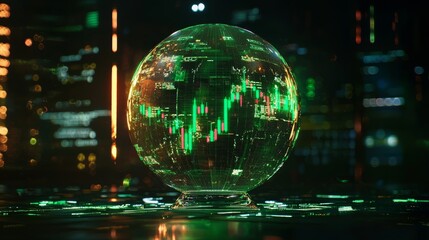 Fototapeta premium Stock market chart inside a glowing crystal globe, candlestick patterns highlighted in green and red, dark futuristic environment