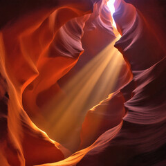 Obraz premium Golden sunlight streams through the intricate curves of a sandstone slot canyon, creating a breathtaking and mystical natural scene.