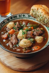 A bowl of warm, hearty beef and vegetable stew in a ceramic dish on a wooden table with bread on the side.