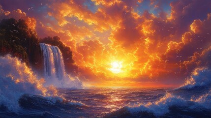 Fototapeta premium Island Waterfall Sunset Ocean Dramatic Sky Fantasy