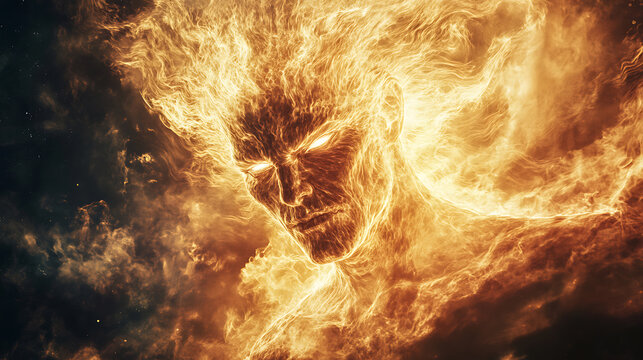 A sun demon with a face and flames