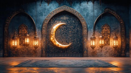 Ramadan crescent moon backdrop, Islamic arches, lantern lit room, event invitation