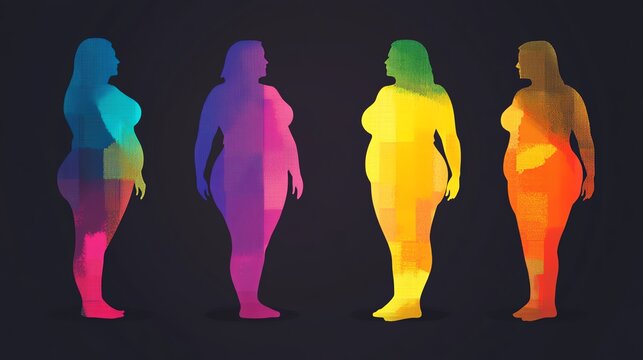 A vibrant and colorful representation of body diversity, showcasing different silhouettes in varying shades. This artwork promotes body positivity and acceptance in modern society.