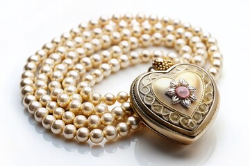 Naklejka premium Antique Victorian Seed Pearl Necklace with Heart Locket - Vintage Jewelry Stock Photo