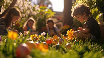 Colorful Easter eggs in grass. Children searching for eggs.