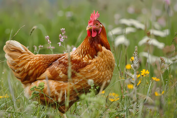 Brown chicken on a green lawn close-up