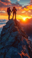 Hikers summit sunrise mountain peak adventure travel