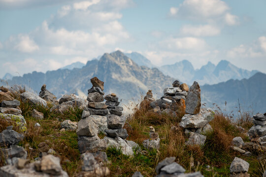Rock cairns on a mountain peak in the Tatra Mountains