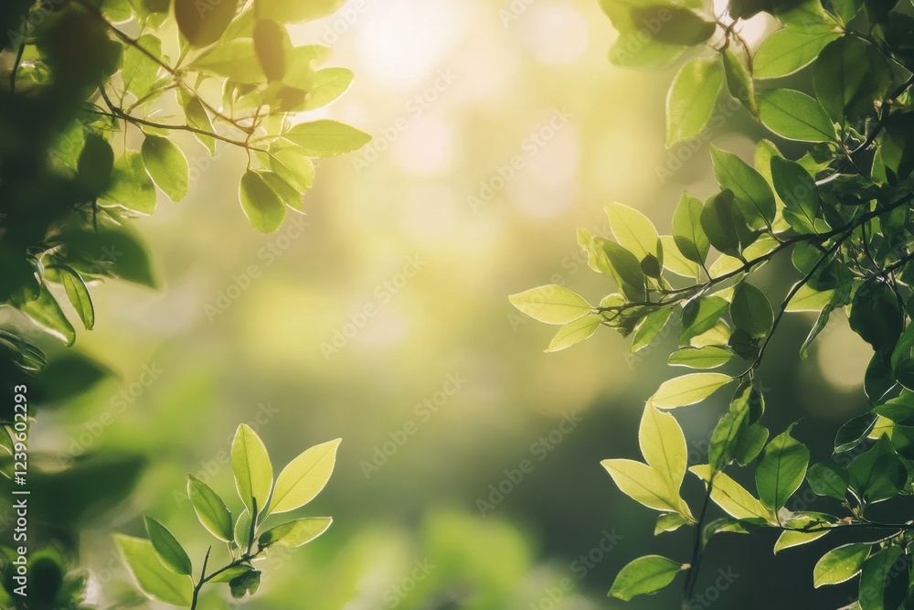 Poster Sunlight filtering through green leaves in a serene forest setting during the early hours of the day. Generative AI
