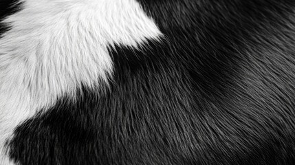 Fur texture is very detailed, black and white pattern on skin of an animal.