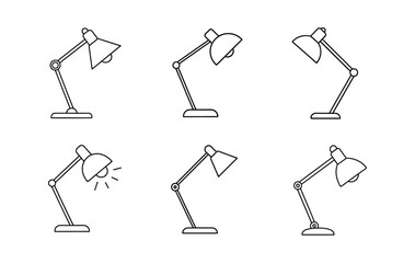 Six black and white line art illustrations of desk lamps in different positions.