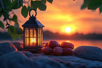 A tranquil scene at sunset with a lamp on the rocks and the setting sun behind.
