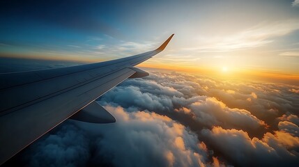 Obraz premium Aerial view of a sunset over clouds from an airplane wing, showcasing serene travel experience