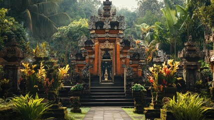 A Balinese style temple house with intricate stone carvings and tropical gardens