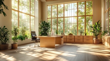 Fototapeta premium Sunlit office, wood desk, plants, large windows, forest view, home workspace