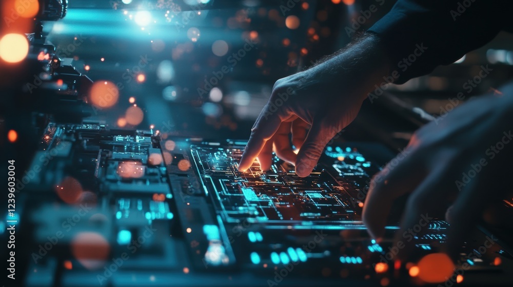 Poster close up of engineer's hands interacting with glowing futuristic circuit board, developing advanced 