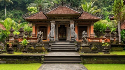 Naklejka premium A Balinese style temple house with intricate stone carvings and tropical gardens