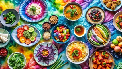 Artistic Pastel Tie-Dye Food Photography with Vibrant Stripes