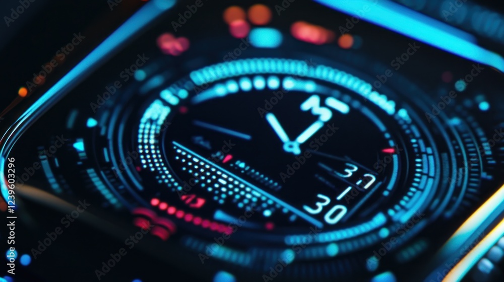 Poster futuristic time display with digital clock and glowing interface elements