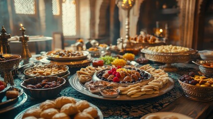 Fototapeta premium A beautifully decorated table filled with traditional Eid dishes, sweets, and dates, ready for the Ramadan Bayram celebration
