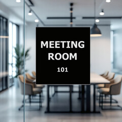 A sleek black plastic meeting room sign on a glass wall, showcasing a modern, empty collaboration workspace with a large table and armchairs. Perfect for business and office concepts.