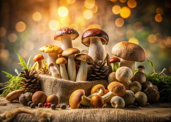 Assortment of Wild Mushrooms on Burlap Fabric
