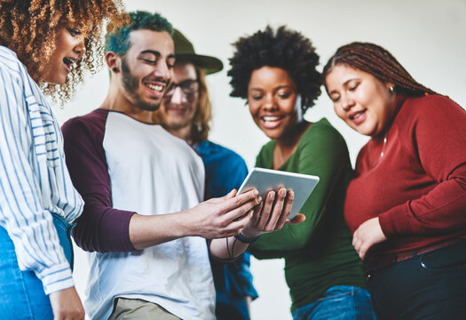 Creative, people and tablet in office for social media, project planning or funny video. Below, design team and tech in agency for latest news, comedy story or streaming platform for content creation