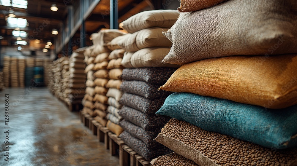 Poster stacks of colorful burlap sacks filled with grains in a rustic warehouse setting