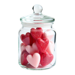 Closeup of a glass jar filled with pink and red heart-shaped candies.