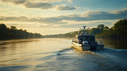 A border patrol boat cruising along a river border, ensuring security against illegal crossings