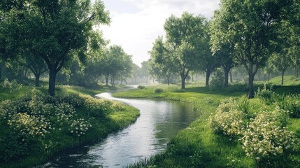 Fototapeta premium A tranquil natural landscape with a river flowing through lush greenery and wooded areas.