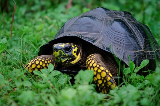 A turtle hiding in a grassy field. The image captures the natural behavior of this creature, highlighting its unique shell pattern and its adaptation to living on land.